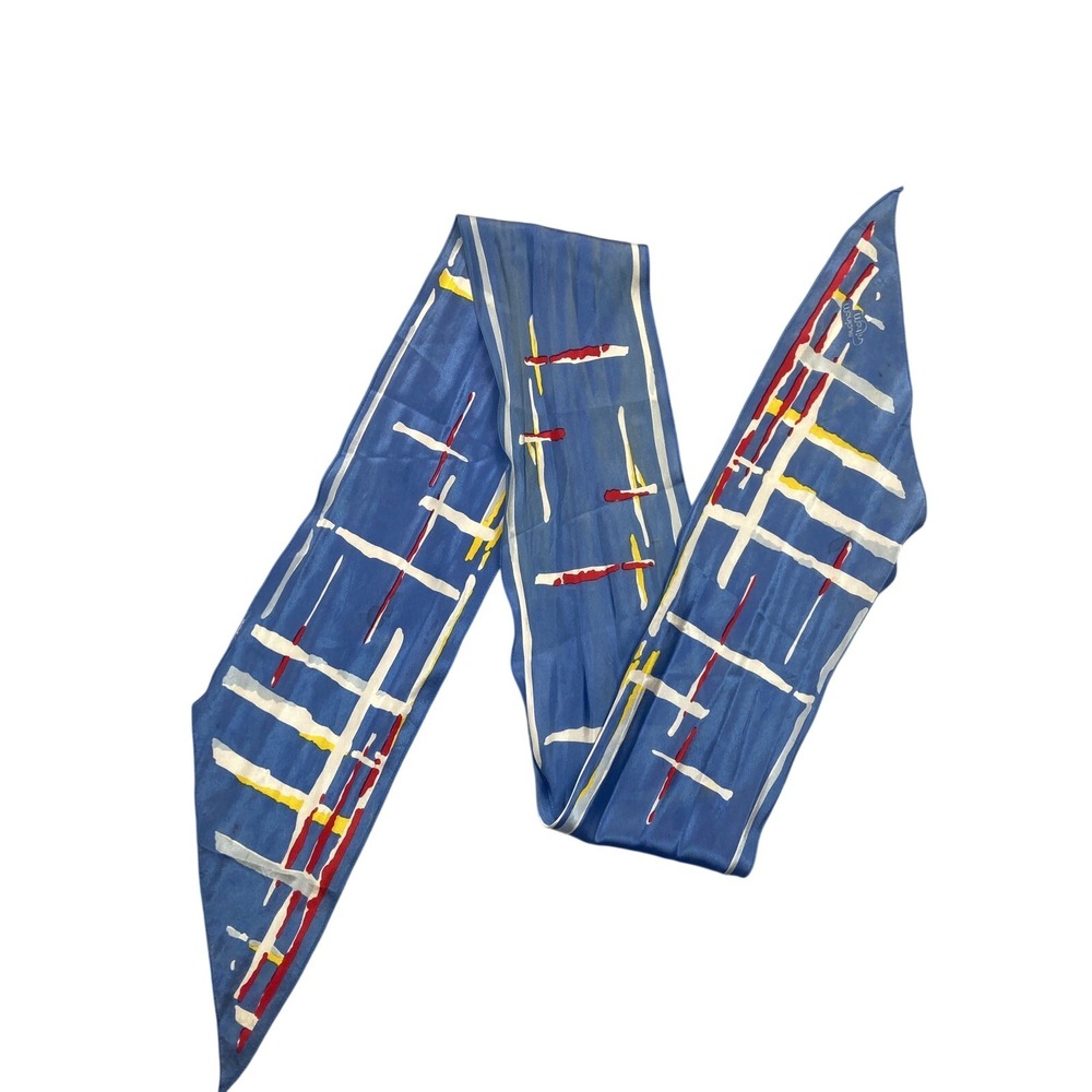 Monique Merlin Scarf Blue Geometric Silk Chiffon Skinny Long Rectangle 66x6